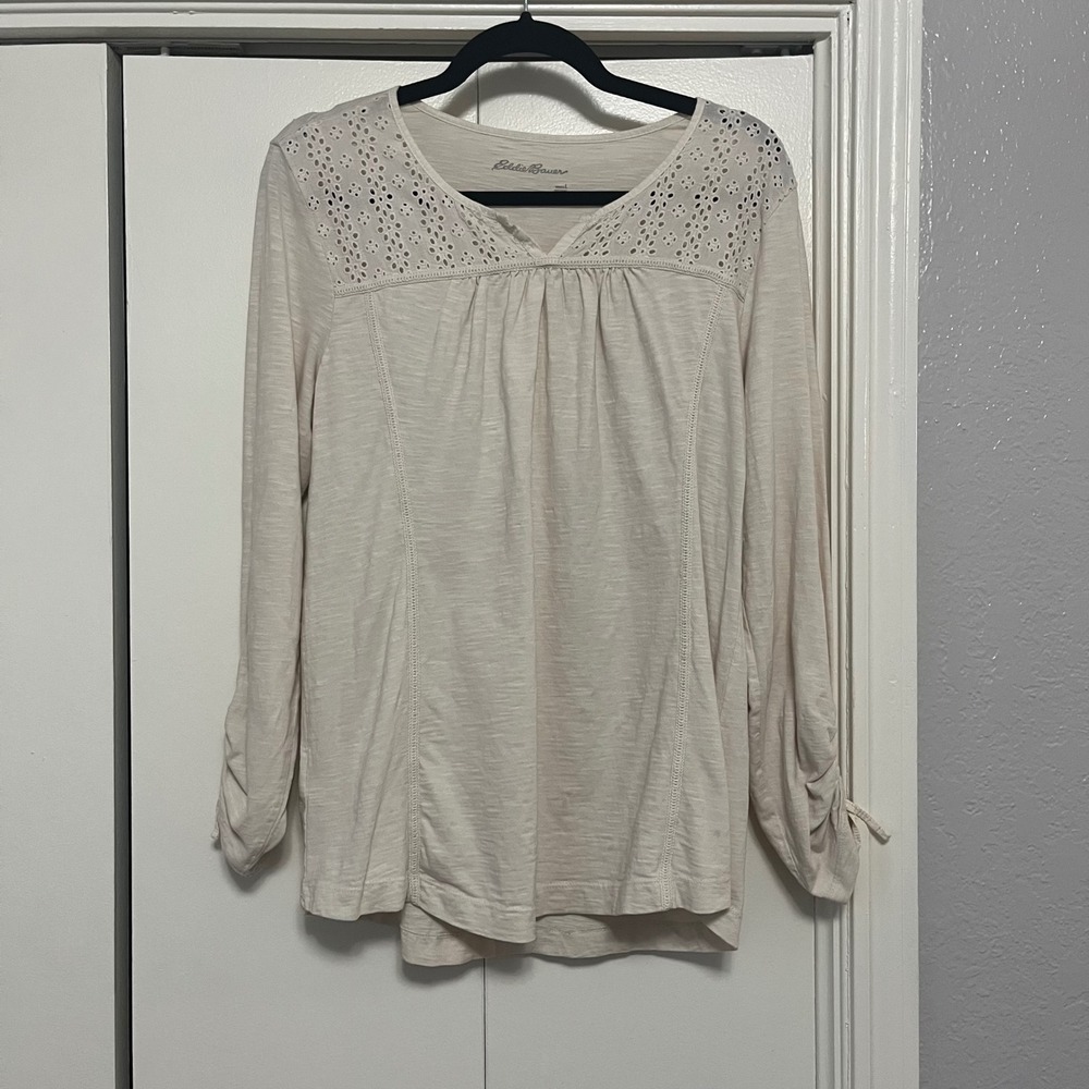 Eddie Bauer Women's Long Sleeve Top, Eyelet Detail, Casual, Beige‎